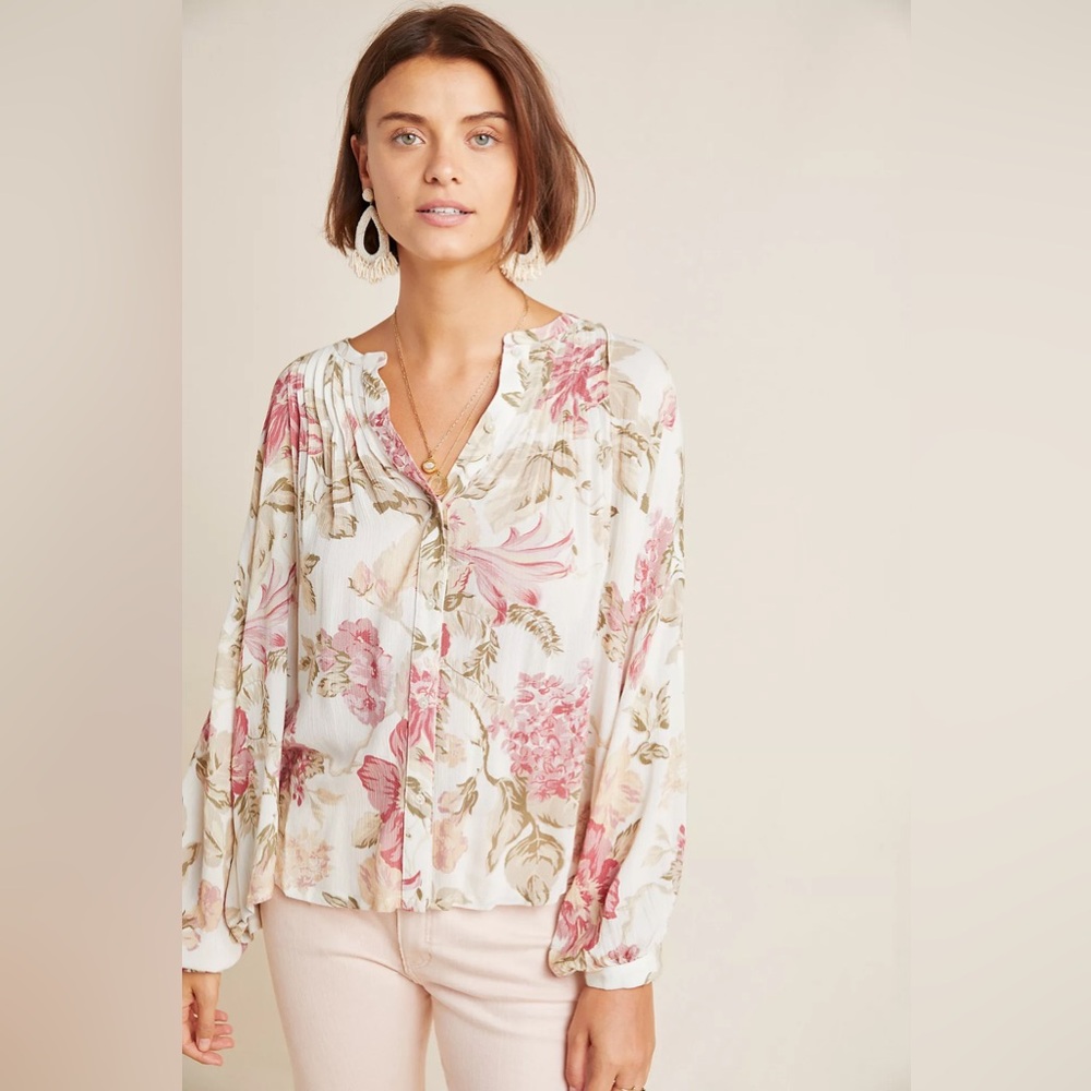 Frye x Anthropologie Elden Floral Peasant Blouse Boho Button Front Size XS